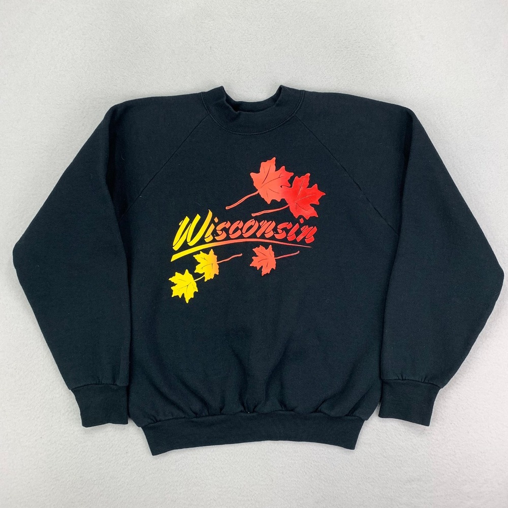 Vintage 90s Wisconson Sweatshirt Adult Large Black Leaf Graphic Crewneck USA